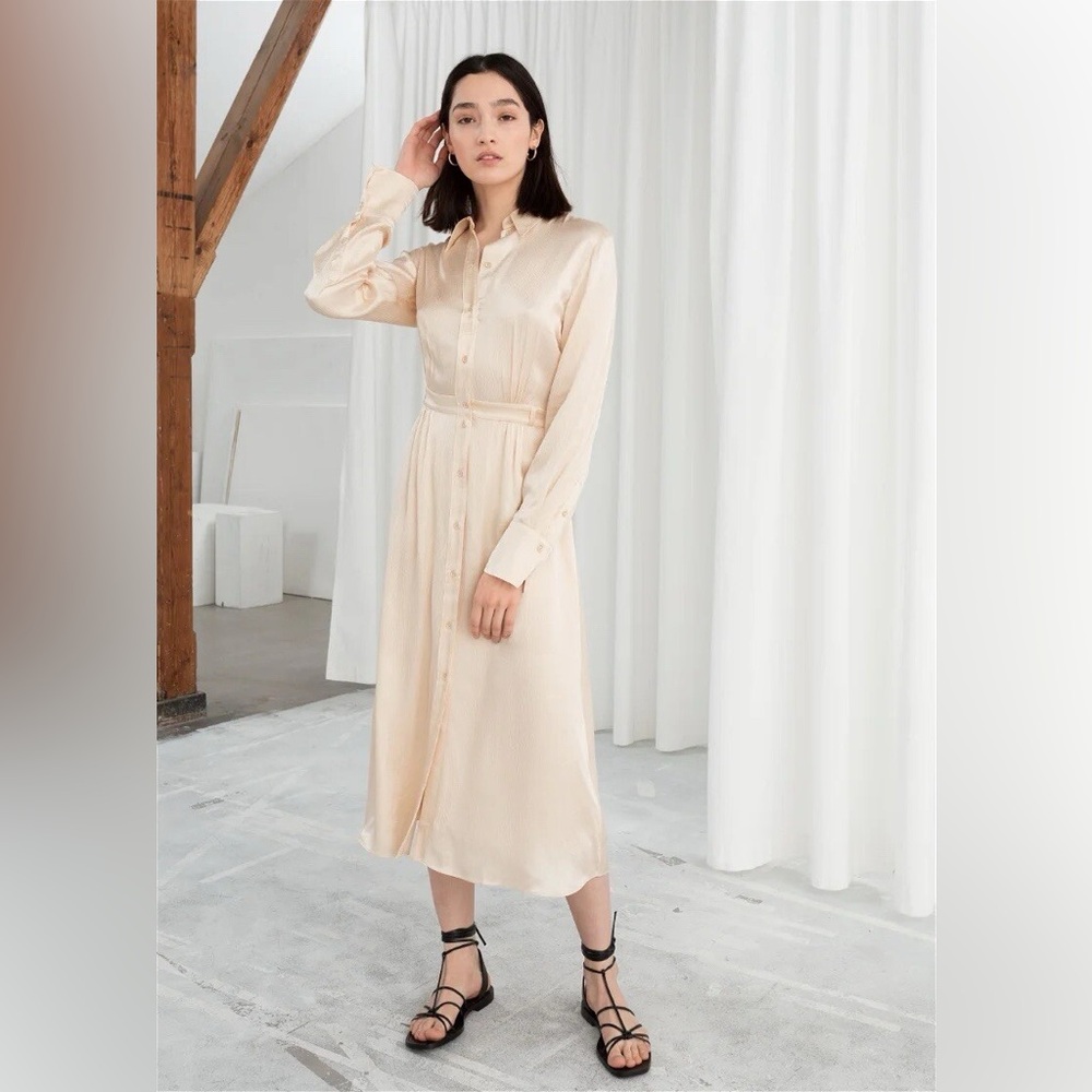 & OTHER STORIES Belted Satin Midi Dress Peach/cream pink sz 0